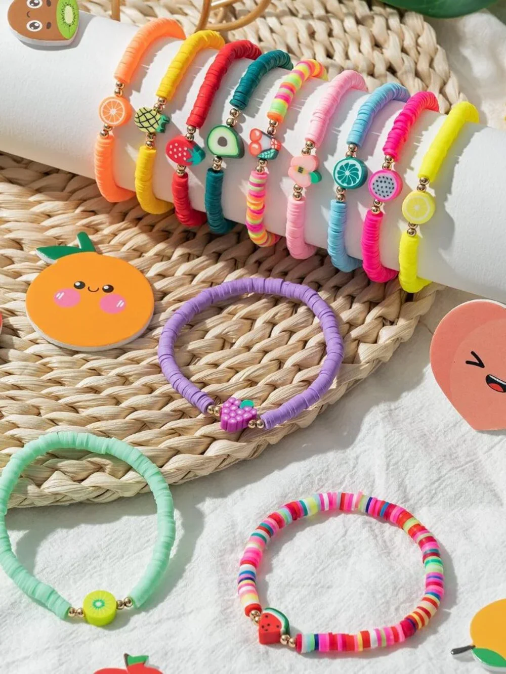 12pcs s, Colorful Surfer Disc Beaded Stretch Rope Bracelet for Girls Kids, Frien